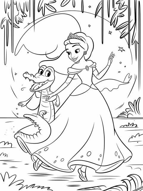 Princess tiana and her friend the alligator, a coloring page illustration