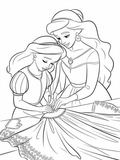 Princess tiana and another princess working on a dress, coloring page