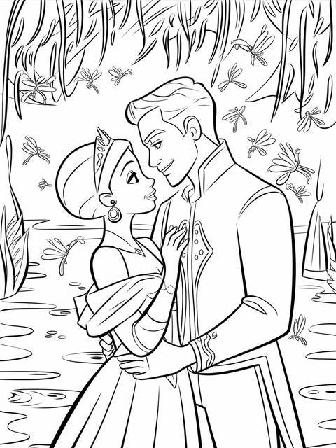 Princess tiana and prince, embracing, surrounded by foliage and dragonflies, a coloring page