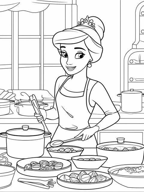 Princess tiana cooking in a kitchen, stirring food with a spoon and ladle
