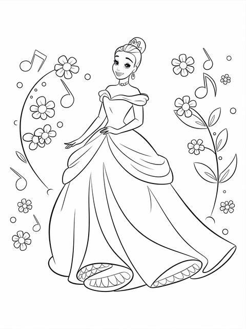 Line art of princess tiana in a ball gown, surrounded by flowers and musical notes
