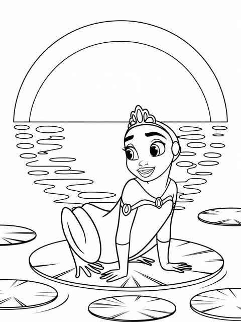 Princess tiana in frog form, sitting on a lily pad, a coloring page