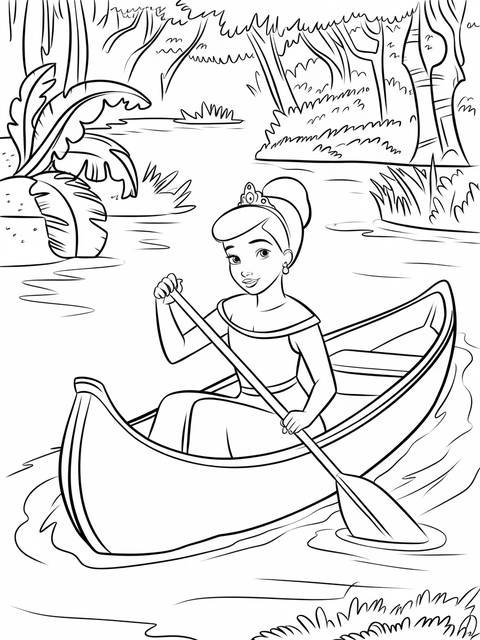 Princess tiana paddles a canoe on a river, a coloring page illustration