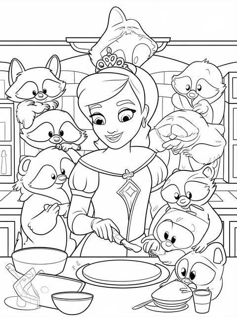 Princess tiana surrounded by raccoons, preparing food in a coloring page illustration