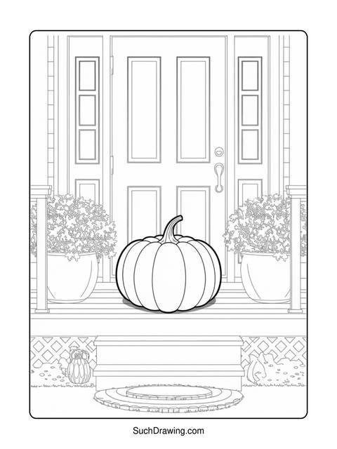 Black and white line drawing of a pumpkin on a porch