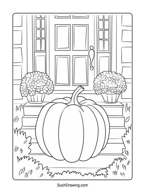 Line drawing of a pumpkin on steps in front of a door