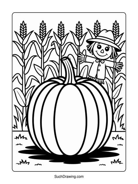 Black and white coloring page with a pumpkin, scarecrow, and corn stalks