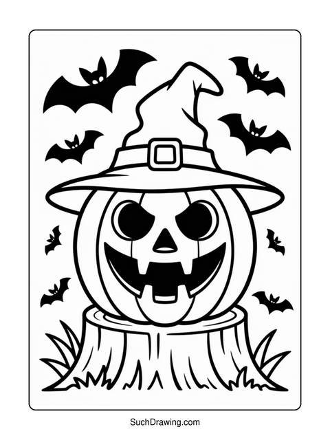Halloween coloring page of a carved pumpkin wearing a witch hat and bats