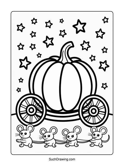 Black and white coloring page of a pumpkin carriage with mice and stars