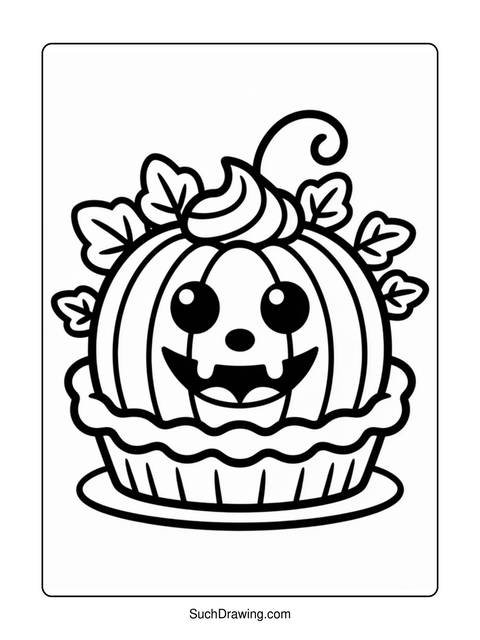 Black and white drawing of a pumpkin pie with a happy face