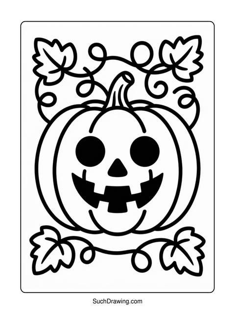 Black and white line drawing of a carved pumpkin with leaves