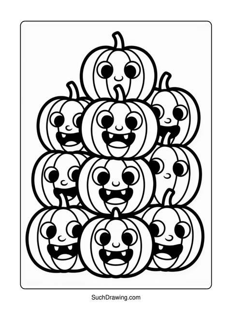 Black and white illustration of stacked pumpkins with smiling faces for halloween
