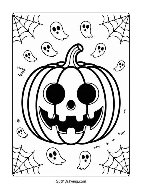 Black and white halloween coloring page with a jack-o'-lantern and ghosts
