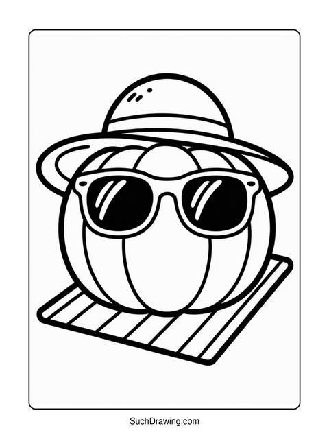 A beach ball wearing sunglasses and a hat, resting on a towel