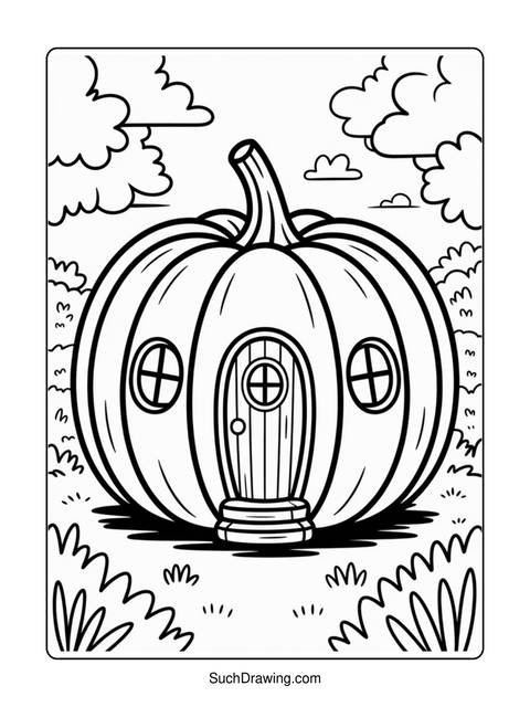 A black and white illustration of a pumpkin house with a door and windows
