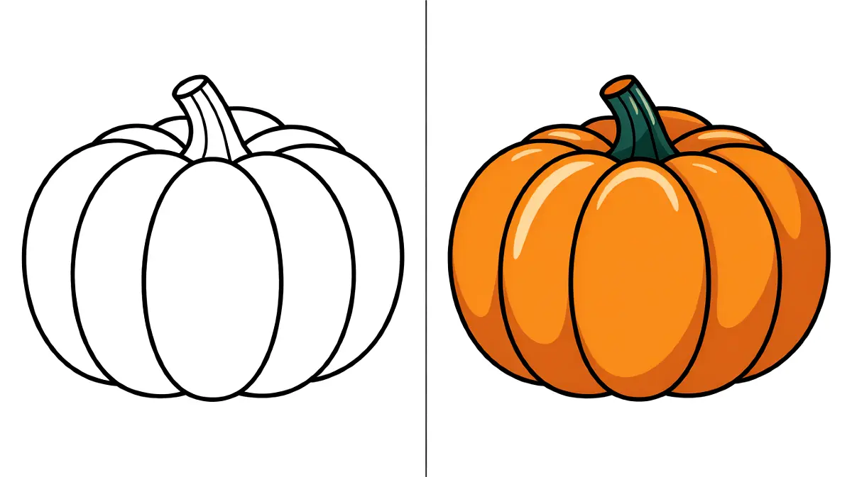 Pumpkin coloring page with a blank outline and a finished, colored pumpkin