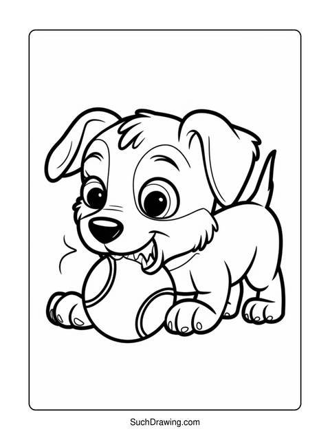 Coloring page of a cartoon puppy holding a tennis ball in its mouth