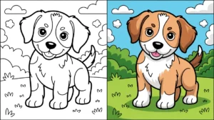 Puppy coloring pages: a cute, smiling puppy, in both colored and uncolored versions