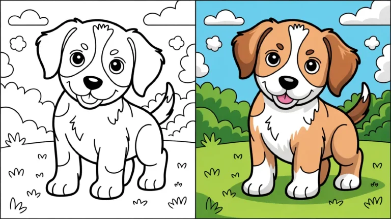 Puppy coloring pages: a cute, smiling puppy, in both colored and uncolored versions