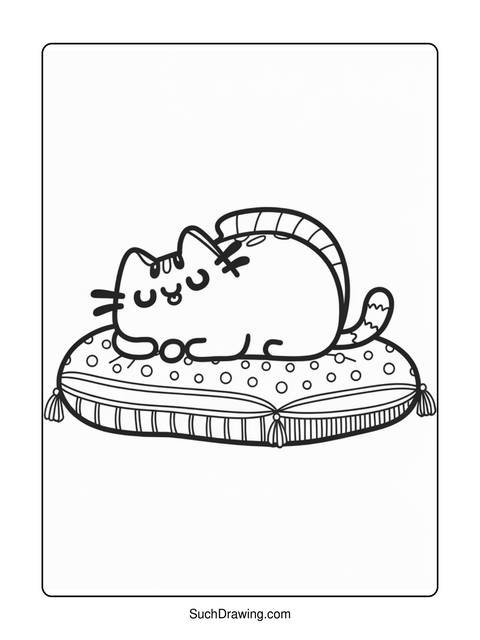 A cartoon cat lying on a decorative pillow, ready for coloring