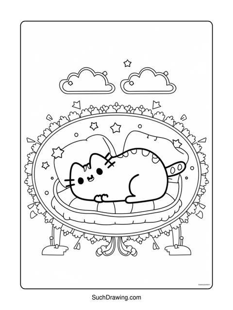 Black and white coloring page of a cat resting on a decorative bed