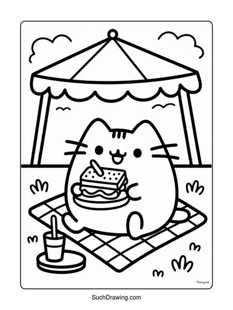 A cute cat enjoying a picnic with a sandwich, under a small tent