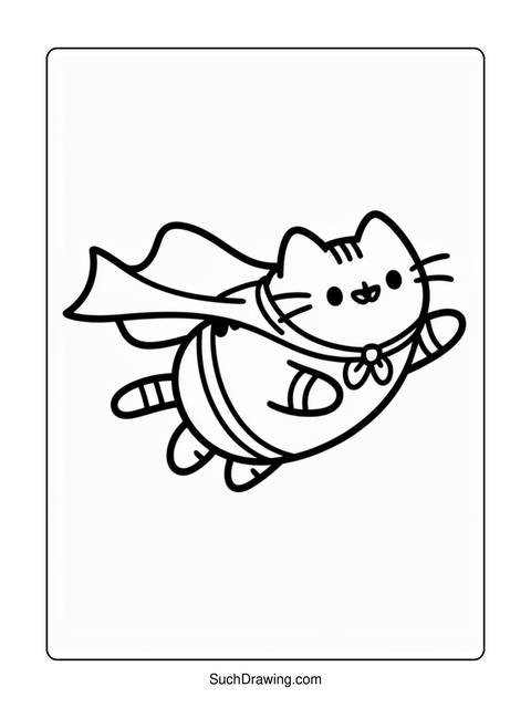 Line art of a flying superhero cat with a cape and bow tie