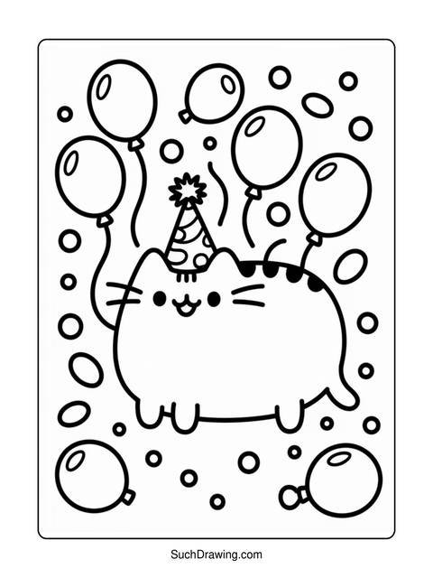 A cartoon cat wearing a party hat, surrounded by balloons and confetti