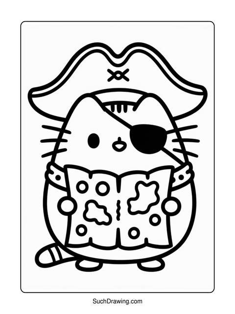Coloring page of a cartoon cat pirate reading a map
