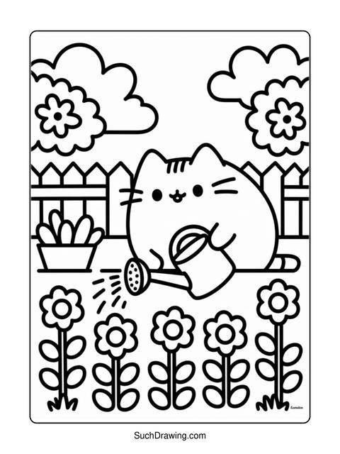 A cartoon cat watering flowers in a garden, black and white coloring page