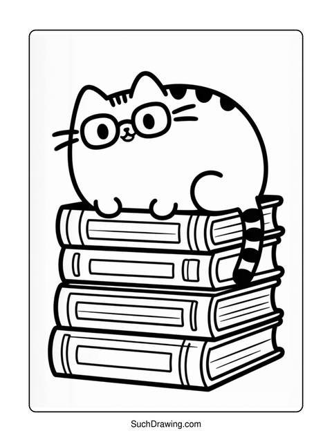 A cartoon cat wearing glasses sitting on top of a stack of books