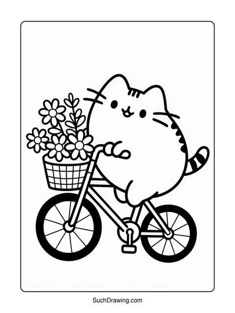 A cute cat riding a bicycle with a basket of flowers