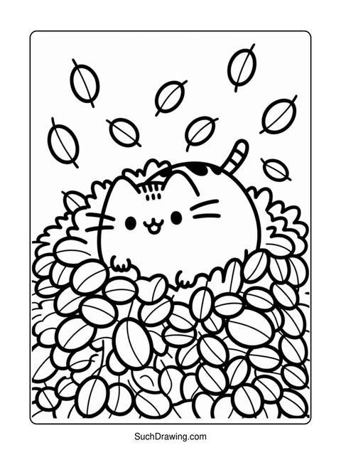 Black and white coloring page of a cute cat surrounded by leaves