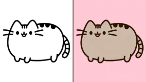 Pusheen coloring page: a cute cartoon cat in outline and colored versions
