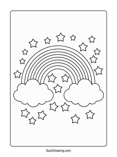 Black and white coloring page of a rainbow, clouds, and stars