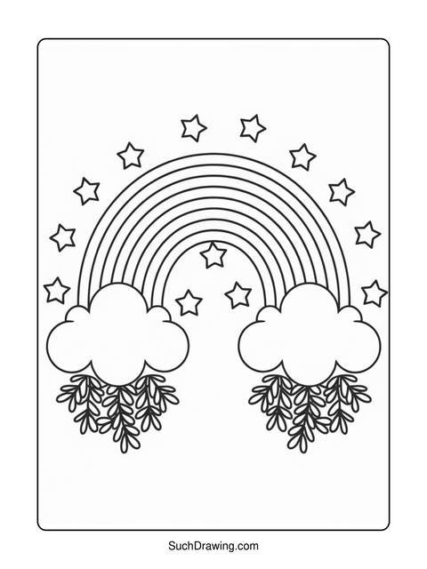 Black and white coloring page of a rainbow, clouds, and stars