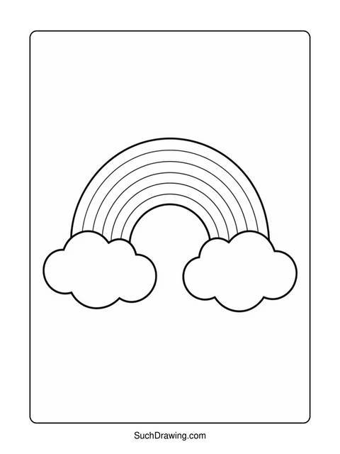 Black and white outline of a rainbow with clouds, ready for coloring