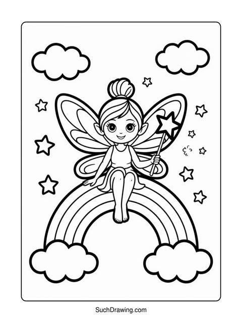 A fairy sitting on a rainbow with stars and clouds around her