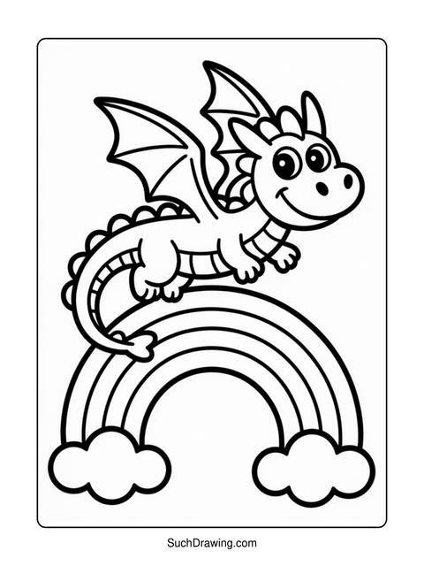 A cartoon dragon with wings perched on top of a colorful rainbow