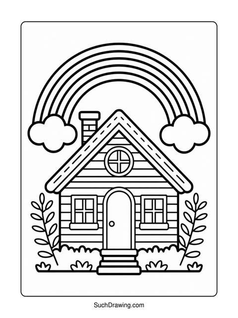 Black and white line art of a house with a rainbow and clouds