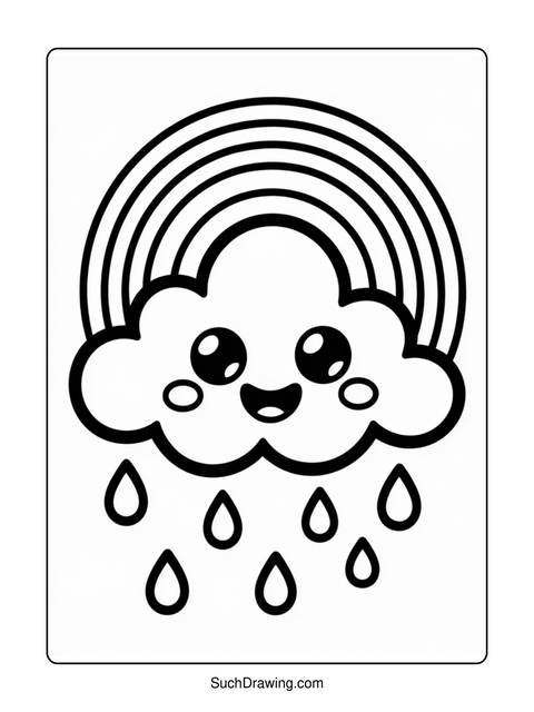 Black and white illustration of a smiling cloud with a rainbow and raindrops