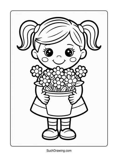 Line drawing of a girl holding a pot of flowers, ready for coloring