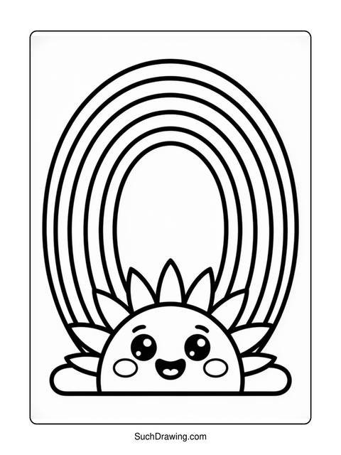 Black and white coloring page of a smiling sun with a rainbow