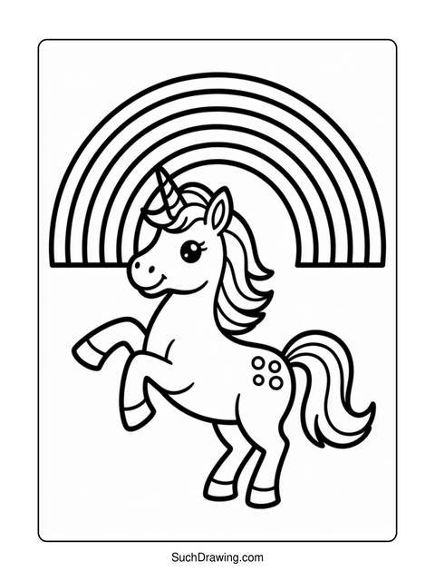 Black and white coloring page of a unicorn with a rainbow behind it