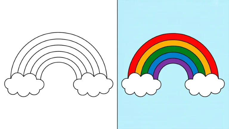 A coloring page and a completed rainbow, both with clouds