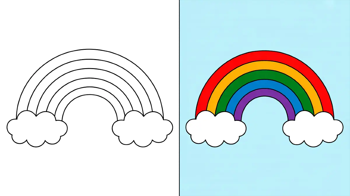 A coloring page and a completed rainbow, both with clouds