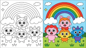 Rainbow friends coloring page featuring characters, rainbow, clouds, and stars