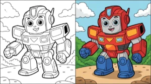 Rescue bots coloring page: a two-panel image of a cartoon robot, colored and uncolored