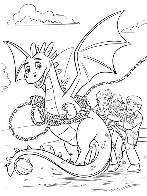 Rescue riders coloring page: a dragon with children holding a rope