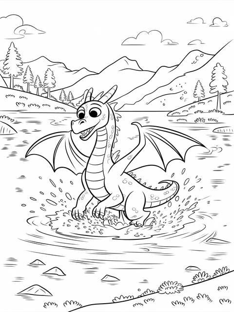 Black and white line drawing of a dragon from rescue riders in water